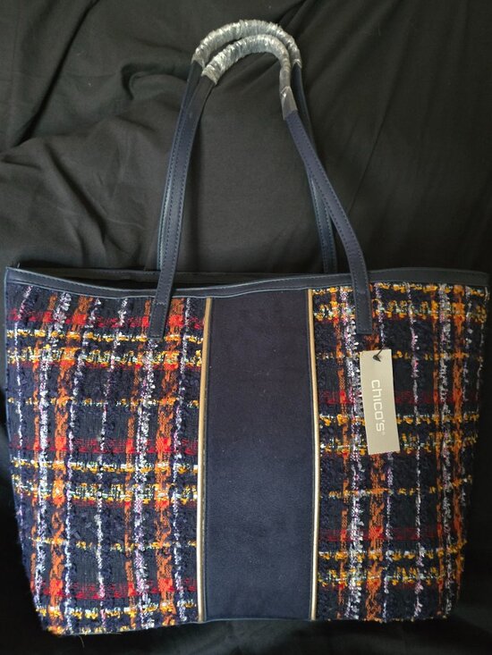 Chico's Handbags - NWT Chico's Navy Multicolor Tweed Plaid Tote Bag Gold Tone Large Shoulder Bag